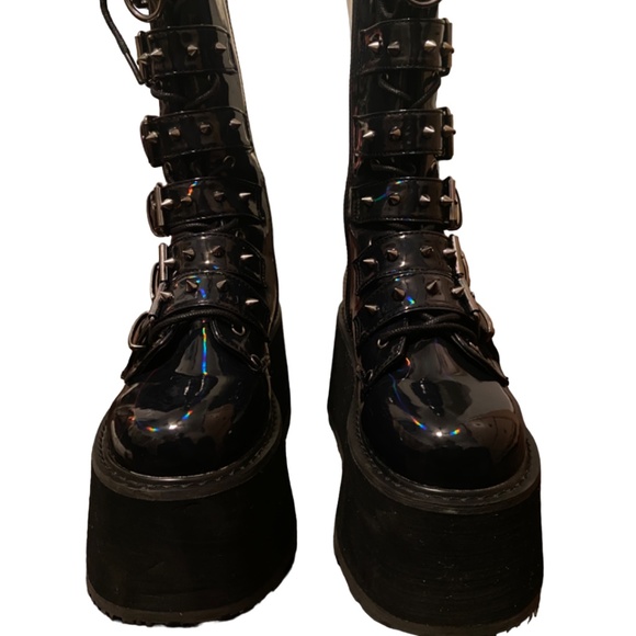 Demonia Shoes - DEMONIA BOOTS DAMNED 225 BLACK HOLOGRAM KNEE HIGH MID-CALF PLATFORM BOOTS SIZE 8